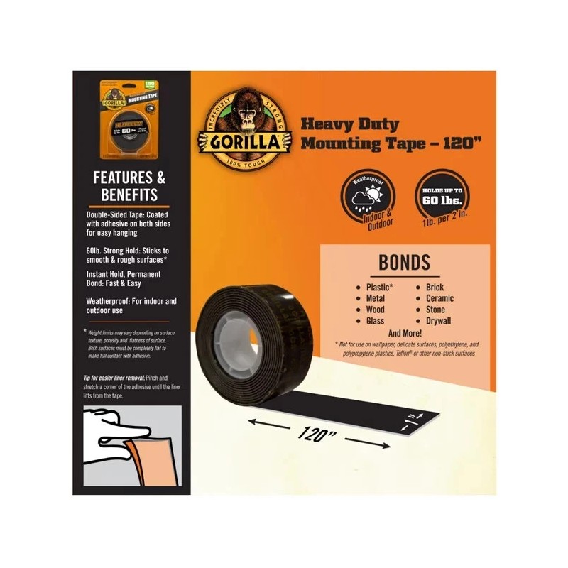 Gorilla XL Heavy Duty Double Sided Mounting Tape, 1" x