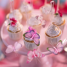 YCHTEWY-Feather Fake Butterfly for Craft Decoration Set of 12 with Wire Pink Wedding Home Flower Pot Christmas Party Spring Home Decor Floral