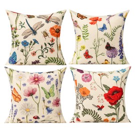 All Smiles Outdoor Patio Throw Pillow Covers 18x18 Set of 4 Spring Summer Garden Flowers Farmhouse Décor Outside Furniture Bench Chair Decorative Cushion Cases for Swing Deep Seat Bed Couch Sofa