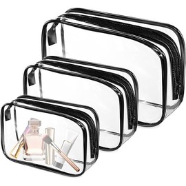 Waterproof Quart Size Travel Makeup Cosmetic Bag, 3Pcs PVC Zippered Toiletry Carry Pouch, Clear Travel Makeup Toiletry Bag, Quart-Sized Clear Cosmetic Makeup Pouch