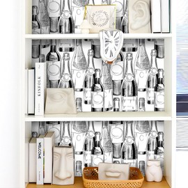 Livelynine Black and White Design Wallpaper Prepasted Eclectic Modern Kitchen Peel and Stick Wall Paper Waterproof Vertical Striped Wine Bottle Accent Walls 17.5x78.8 Cabinet Contact Paper Decorative