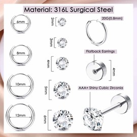 9 pair earrings set for multi piercing allergy prevention 14K gold plated small Huggie hoop earrings Women's ball square crystal Zircon gold flat back stud earrings Drop (Silver)