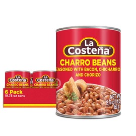 La Costeña Charro Beans - Ready-to-Eat Canned Pinto Beans with Chorizo, Bacon & Chicharrones - Mexican Food, Tex Mex, Chili Ingredients, Bean Dip, Bean Burger & Burrito - 19.75oz, 6 Pack Canned Food