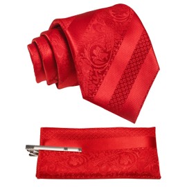 JEMYGINS Mens Mixed Roses Striped Tie Set Including Tie Clip & Handkerchief, everything red