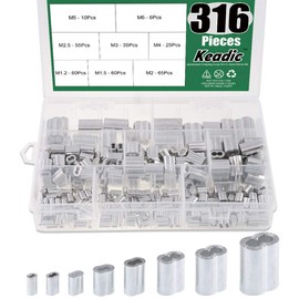 Keadic 316pcs 8 Sizes Aluminum Crimping Loop Sleeves Metric Assortment Kit for Wire Rope Cable Railing