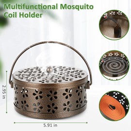 Whiidoom Retro Portable Iron Mosquito Coil Holder with Handle Round Fireproof Incense Holder (Bronze)