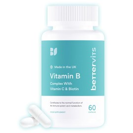 Bettervits Vitamin B-Complex High Strength - Vitamins B1, B2, B3, B5, B6, B12 | Immune Support with Choline, Biotin, Folate, Vitamin C - Daily Energy and Metabolism for Men and Women - 60 Capsules