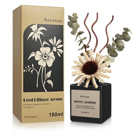 Aeeteek Reed Diffuser Set, White Jasmine Scented Oil with Dried Flowers, 6.09 Fl Oz(180ml) Long Lasting Air Freshener with Diffuser Sticks, Home Fragrance for Office Bathroom Decor