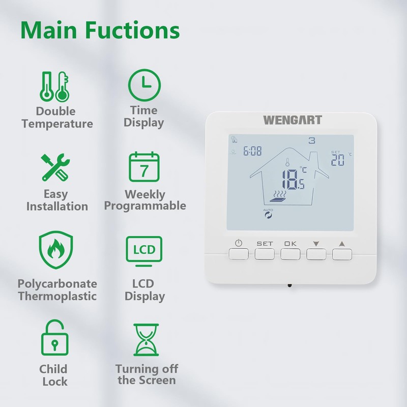 Wengart Electric Heating Thermostat Digital Programmable WG02B05, LCD Touch Screen,