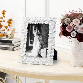 Axeman 5x7 Vintage Picture Frame, Flower Textured Hand-Crafted Resin Photo Frame with HD-Tempered Glass for Tabletop & Wall Display, Decorative Floral Design Home Décor, Art, Wedding, White & Gold