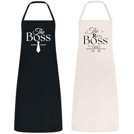 Be Buz The Boss and The Real Boss Couple Apron Set Cooking Aprons for Couples Wedding Gift for Newlyweds Bridal Shower Gift Cotton Material Black and Natural Matching Kitchen Aprons