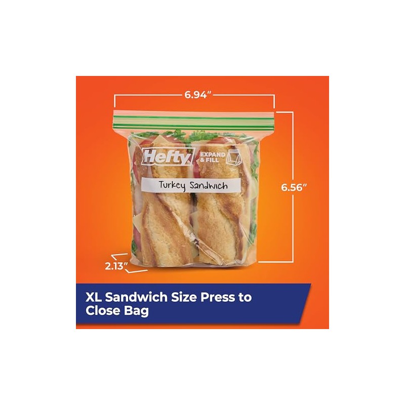 Hefty XL Press to Close Plastic Sandwich Expand and Fill