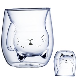 XiXiRan Double-walled glasses, insulated glasses, cute cups, tea glass, coffee tea glasses (200 ml) (happy cat)
