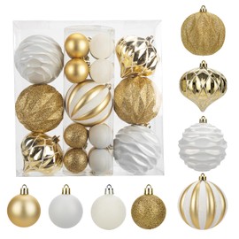 23ct Assorted Christmas Ball Ornaments Set Hanging Decorations, 2.4"-4.3" Candy Cane Gold and White Xmas Tree Decorations Balls, Large Small Plastic Christmas Ornaments for Tree Holiday Decor Party