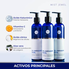 MIST JEWEL Gel limpiador facial hidratante con Ácido hialurónico + Vitamina C + Aloe vera + Ácido cítrico | Jabón dermolimpiador para la cara uso de dia y noche, piel mixta, seca y grasa 250ml