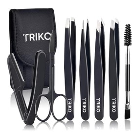 Triko Set 7 Pinzas para Cejas, Kit Profesional Acero Inoxidable, Pinzas de Precisión de Depilar y Dar Forma a las Cejas, Incluye Tijeras Curvadas y Maquina de Afeitar. (Negro)