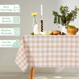 ABCCANOPY 5 Pack Rectangle Polyester Tablecloth 90 x 156 Inch Checkered Indoor Outdoor Stain-Resistant Washable Heavy-Duty Fabric Table Cover Elegant Home Decor Khaki and White Gingham