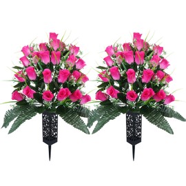 Lacinda Artificial Flowers for Cemetery, 2 Sets 48 Heads Artificial Rose Bouquet Grave Flowers for Cemetery Flower Arrangement with Vase Silk Memorial Spring Flowers for Headstone Decor Outdoor (Pink)