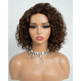 Style Icon Short Water Wave Wigs Human Hair Side Part Lace 12 inch Brown Curly Bob Wigs Glueless Wear and Go Wig for Women C-Lace (Color:P4/30)