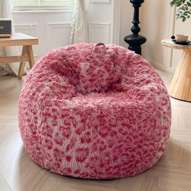 XeGe Faux Fur Leopard Print Bean Bag Chair Cover (No Filler), Pink Cheetah Print Fluffy Stuffed Animal Storage Bean Bag Home Decor, Furry Fuzzy Beanbag Cover for Adults Kids Girls, Anti-slip, Pink
