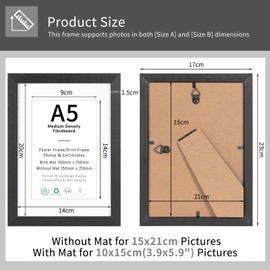 A5/15x21cm Picture Frame Set of 3, Display 10x15cm with Mat or A5 without Mat, Natural Wood Photo Frames for Wall Mounting or Table Top Display