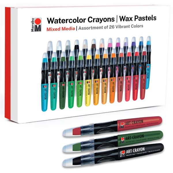 Marabu Watercolor Crayons Set - 26 Buttery Smooth Art Crayons - Ignite Your Imagination with Vivid, Water Soluble Crayons for Mixed Media Journals & Watercolor Paper