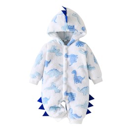 XIXIMAON Infant Baby Boy Plush Hooded Jumpsuit Dinosaur Pattern Button Front Long Sleeve Hoodie Romper Toddler Bodysuit Fall Winter Clothes (White, 12-18 Months)