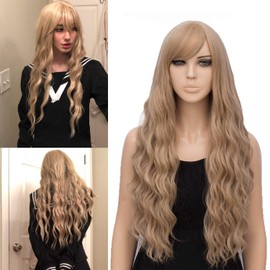 Netgo Ash Blonde Wigs, Blonde Wig with Side Bangs, Long Ash Blonde Wavy for Women, Heat Resistant Synthetic Daily Cosplay Party Wigs for Girl