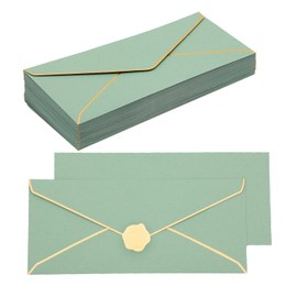 50 pcs Sage Green Business Envelope with V-Flap, Gold Border & Golden Sticker, 10 Self Adhesive Envelopes for Office, Checks, Letter Mailing, Invoices