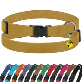 Breakaway Cat Collar Leather with Removable Bell - 13 Colors Available - Soft Adjustable Girl Boy Safety Lightweight Pet Kitten Collars Pink Brown Blue Green Red Orange Black (Mustard)