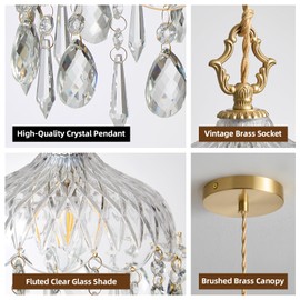 Mini Vintage Crystal Pendant Light - Brass Gold Clear Glass, Single