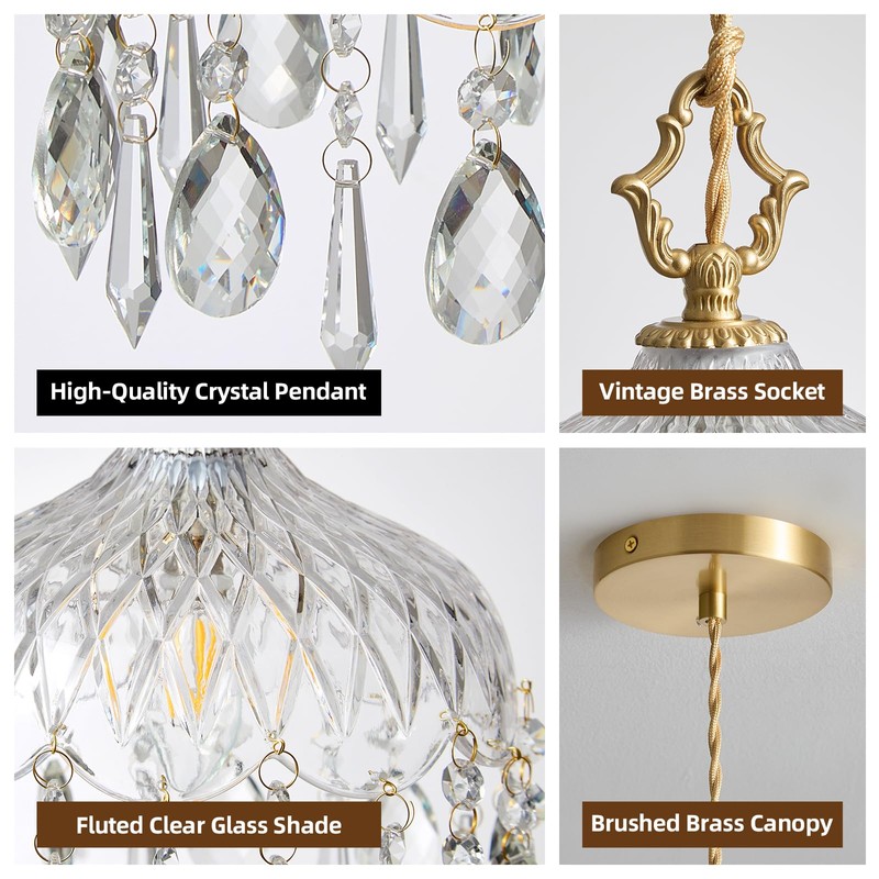 Mini Vintage Crystal Pendant Light - Brass Gold Clear Glass,