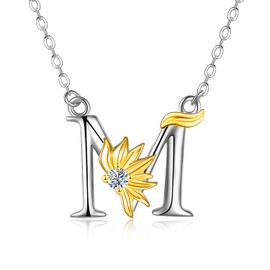 VONALA 925 Sterling Silver Sunflower Necklace Sterling Silver Initial Alphabet Letter Script Name Pendant Sunflowers Jewellery Gifts for Women Girls, Sterling Silver
