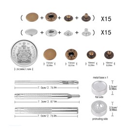 BOBOZAN 30 Sets 15mm Poppers Fasteners Kit-Brass Snap Fasteners with Tools -2-Color Press Studs No Sewing Snap Buttons for Clothes, Jackets, Leather, Jeans Wears, Bags