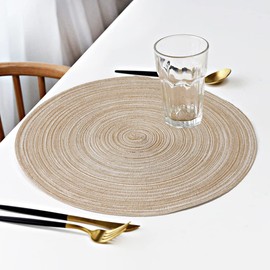 Xmkuwa Placemats, Round Braided Placemats for Dining Table Diameter 15 inch, Woven Heat Resistant Anti-Slid Cotton Washable Kitchen Table Mats (Beige，Set of 4)