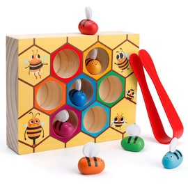 Coogam Toddler Fine Motor Skill Toy, Clamp Bee to Hive Matching Game, Montessori Wooden Color Sorting Puzzle, Early Learning Preschool Educational Gift Toy for 3 4 5 Years Old Kids