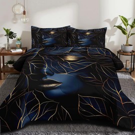CCoutueChen Navy Blue Comforter Set King Gold Leaf Bedding Dark Blue Leaves Mystical Lips Comforter Modern Abstract Art Bedding for Kids Boys Girls Soft Lightweight 104x90 Comforter Sets