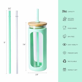 Kodrine 20oz Glass Water Tumble with Straw and Lid,Bamboo Lids Water Bottle, Iced Coffee Cup Reusable, Wide Mouth Smoothie Cups, Straw Silicone Protective Sleeve BPA FREE-Green