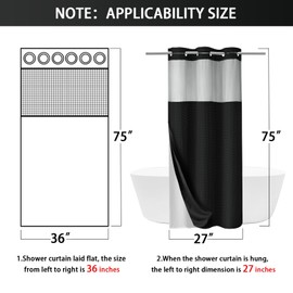 YellyHommy Stall No Hook Shower Curtain with Snap in Liner Set Black Waffle Shower Curtain for Bathroom 75"" L x 36"" W, DK-HEI-36*75