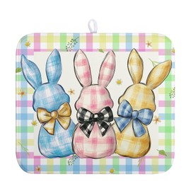 Easter Drying Mat for Kitchen Counter Spring Cute Bunny Kitchen Dish Drying Mat Colorful Buffalo Plaid Rabbits Drying Pad Microfiber Absorbent Dish Drainer Mats Easter Kitchen Accessories 16x18 In
