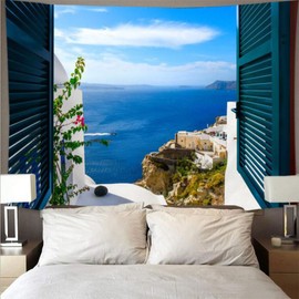 Outside Window Nature Tapestry Beach Landscape Tapestries Scenery Wall Tapestry,for Home Office Dorm Indoor and Outdoor Decoration Tapestries Large Size 150x150cm (GTCH(44)