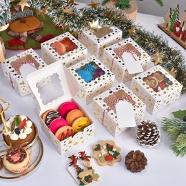 DOYIDE 32Pcs 4x4x2.5 in Christmas Cookie Boxes with Window, White Bakery Boxes for Cookie, Treat Boxes Pastry Boxes for Gift Giving, Chocolate Covered Strawberries, Dessert, Donut, Cupcakes Muffins