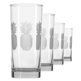 Rolf Glass Fresh Pineapple Highball Glass | 15oz Cooler Glasses | Lead-Free and Diamond-Wheel Engraved | Heavy Base, Thick Glass | Made in the USA | Tropical Etched Pineapple | Set of 4