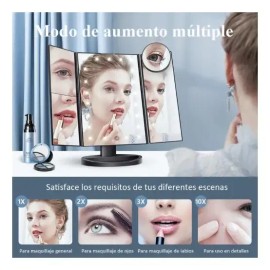 Espejo Maquillaje con Luz Iluminacíon 21 LED y Aumento 1X / 2X / 3X 10X, Pantalla Táctil de 180º Ajustable, Espejo Cosmético Tocador Tríptico con Luz 