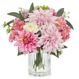 Briful Artificial Flower Arrangement with Glass Vase, 12.5" Faux Dahlia Silk Flowers Centerpiece Table Decorations Pink Mixed Floral Bouquet for Home Office Dining Room Coffee Table Wedding Decor