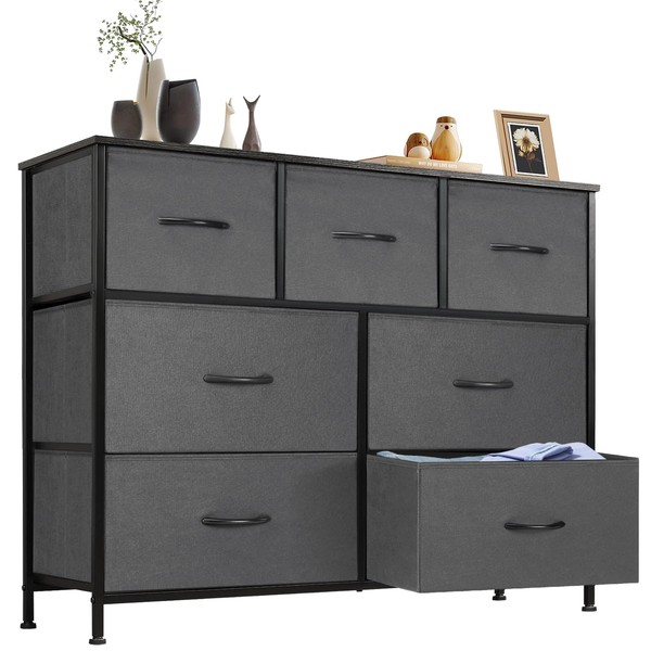 Dresser, Dresser for Bedroom, Storage Drawers, TV Stand Fabric Storage Tower with 7 Drawers, Chest of Drawers with Fabric Bins, Wooden Top for TV up to 45 inch, for Kid room, Closet, Entryway, Nursery