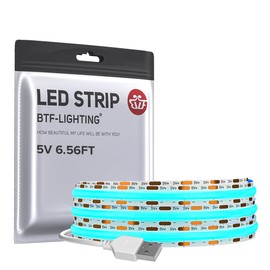 BTF-LIGHTING FCOB USB Powered Ice Blue COB LED Strip Lights 6.56FT 640LEDs 5V 8mm Width 90+ High CRI Ultra Bright Flexible Light for TV Backlight Display Cabinet PC DIY Decor