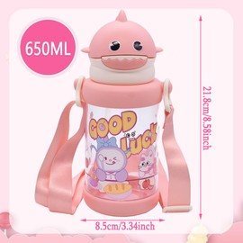 ZPSOSPZ Shark Water Bottle 650ML Shark Sippy Cups With Straw Auto Push Button Straw Drinking Water PC Bottle for Unisex Kids Boys Girls Pink