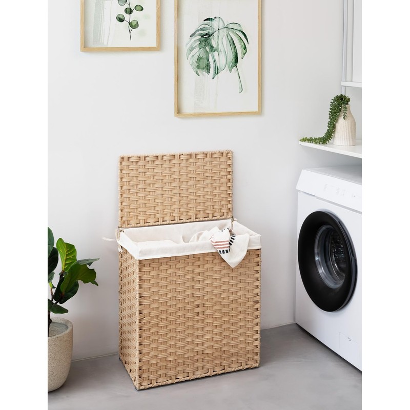 StorageWorks 110L Wicker Laundry Hamper with Lid, 2 Section Wicker