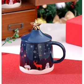 SuperglockT Cute Christmas Coffee Cup 400 ml Christmas Cup Drinking Cup with Lid and Spoon Cartoon Christmas Motif Muater Milk Cup for Women Girlfriend Colleague Mother (Blue)